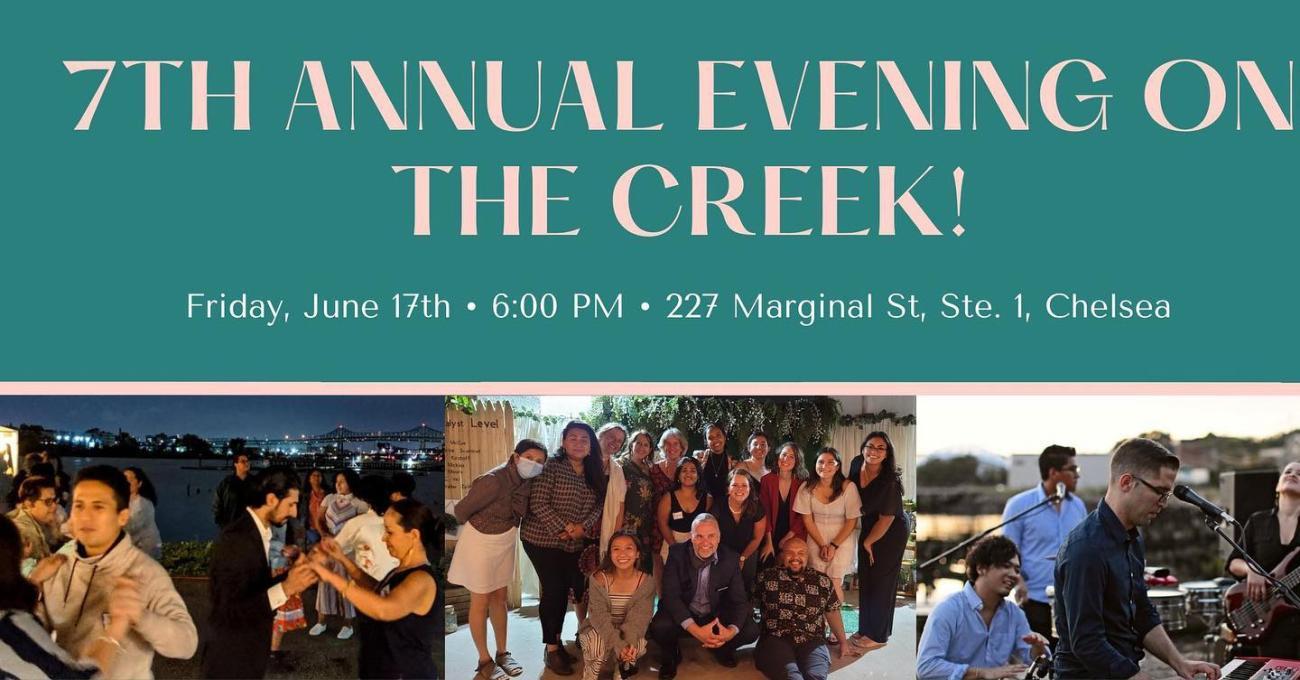Banner for the 7th Annual Evening on the Creek with pictures of people dancing and playing music.