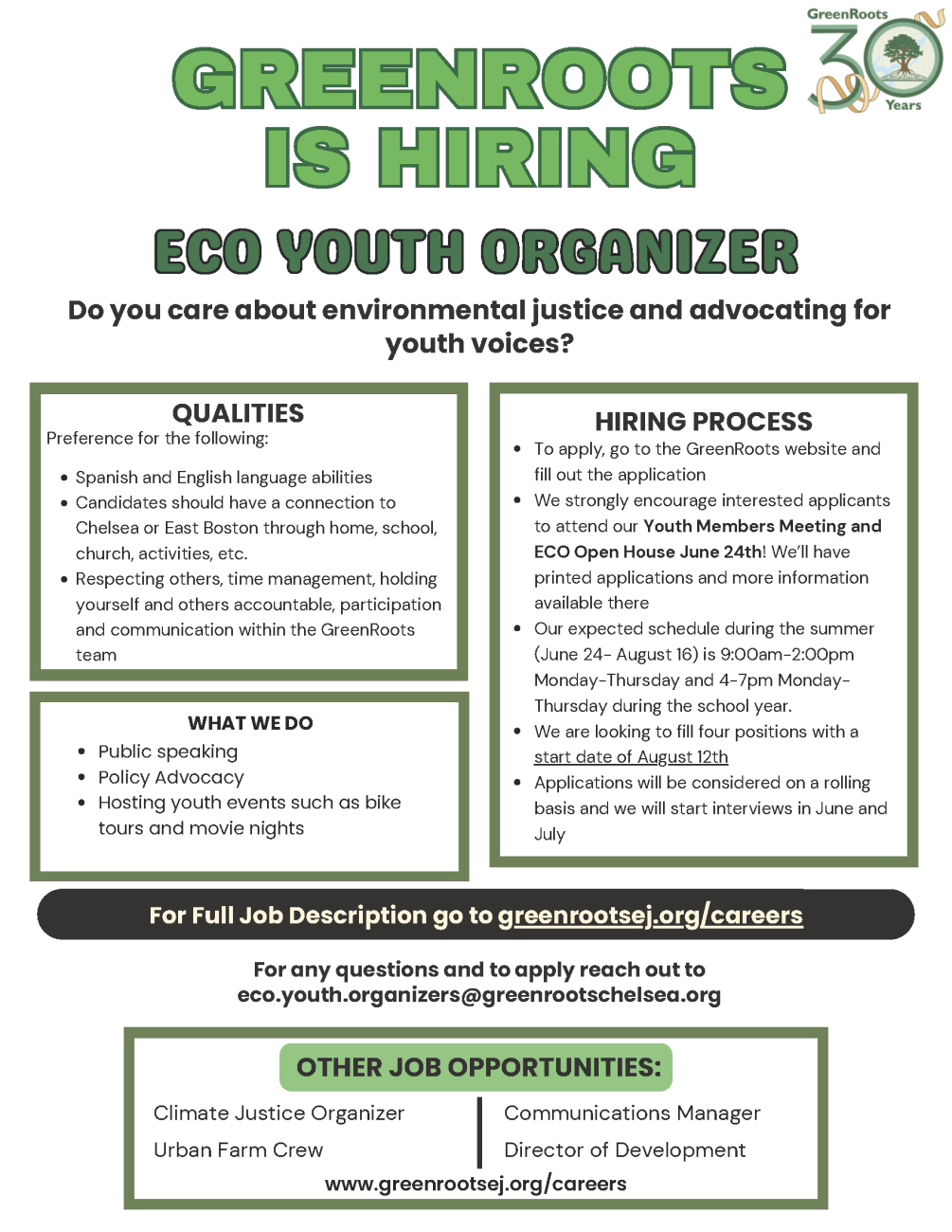 Flyer with more information about qualities, job description and the hiring process for an ECO Youth Organizer.
