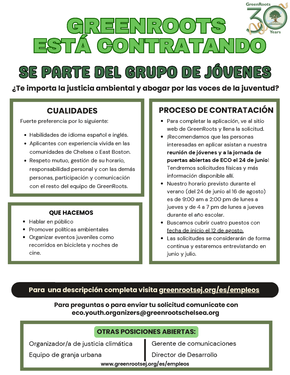 Volante con más detalles sobre cualidades y el proceso de contratación para el grupo de jóvenes ECO