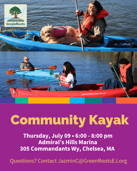 community kayaking flyer showing people kayaking and event information